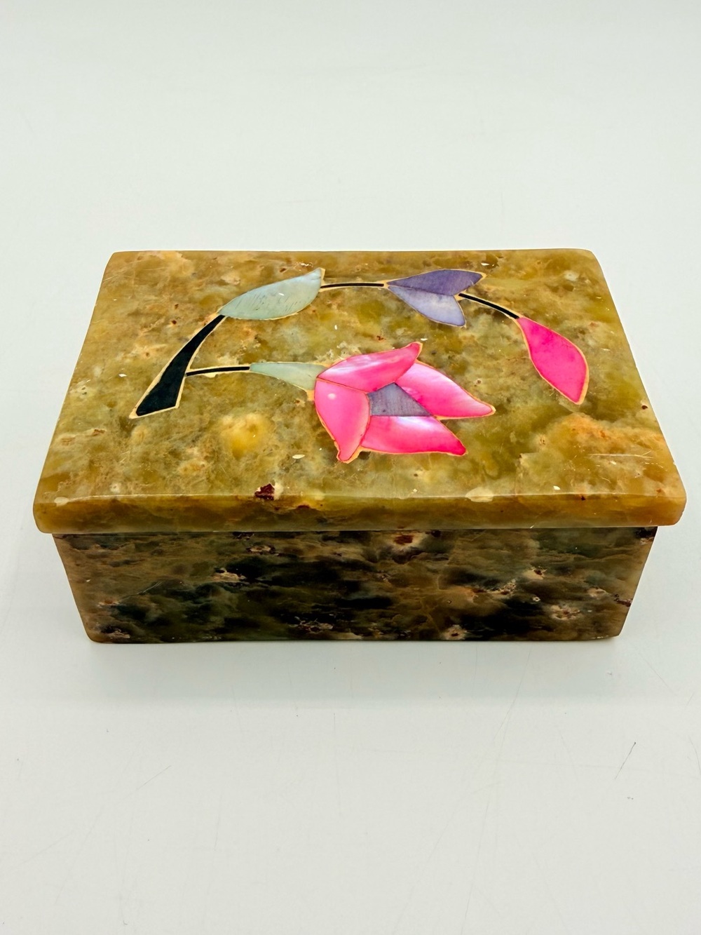 Vintage Hand Carved Soapstone Trinket Box Floral Inlay Jewelry Keepsake Box